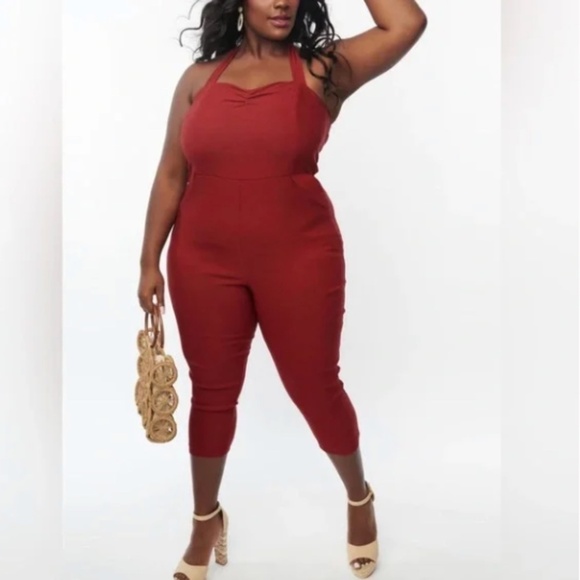 UNIQUE VINTAGE Marcel Halter Pin-Up Jumpsuit Pansuit Burgundy • size 3X NWT - Picture 1 of 4